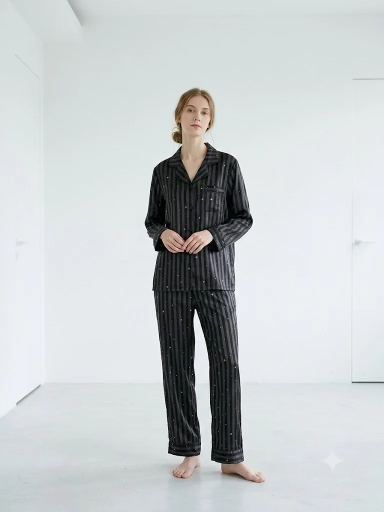 Women's Black Silk Satin Pajama Set Striped Nightwear Gold Star Celestial Print Sleepwear Button Down Long Sleeve Loungewear 2pc