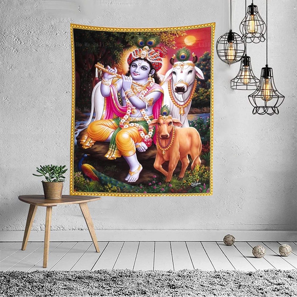 Lord Krishna With Radha And Cow Calf Colorful Rare Religious Hindu Gods Tapestry By Ho Me Lili For Designer Room Accessories