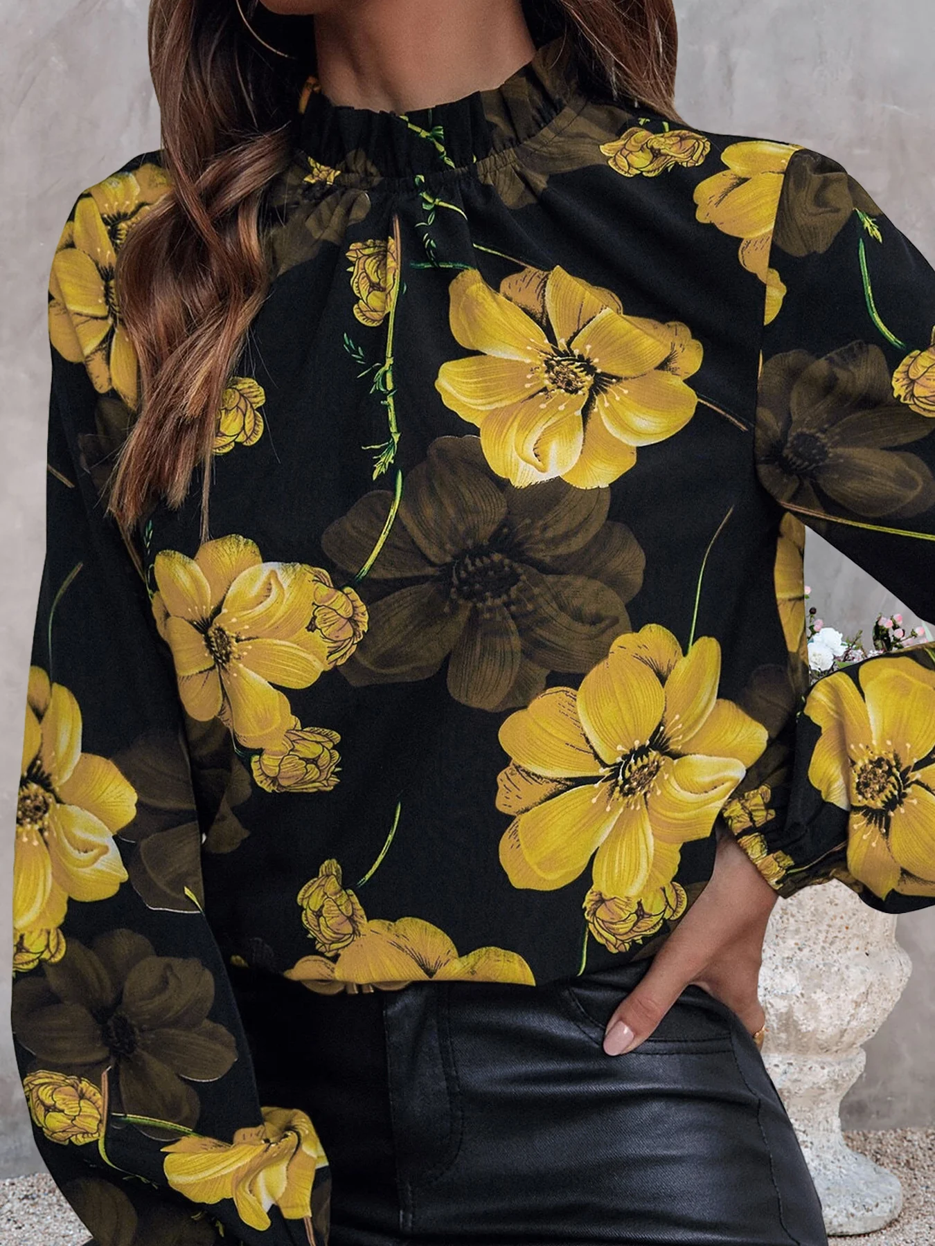 Women Elegant Floral Printed Blouses Shirts Casual Stand Collar Long Sleeve Shirts Tops Ladies Fashion Blouse Shirt