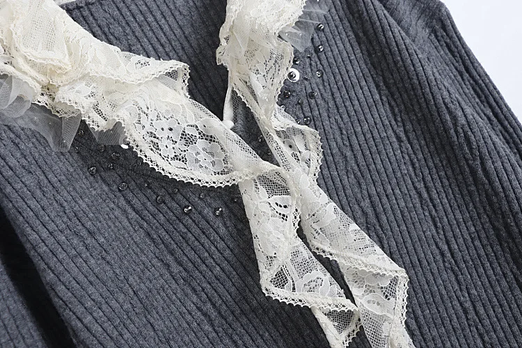 Costume en tricot côtelé gris pour femme, pull à manches longues, col à volants en dentelle blanche + jupe plissée taille haute, ensemble deux pièces, automne 2026