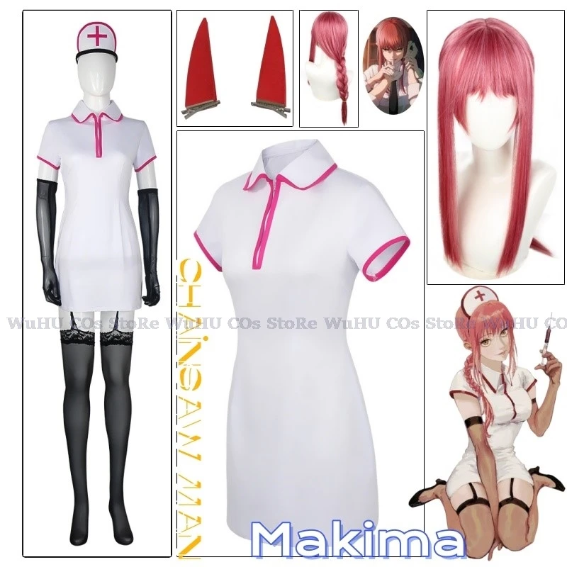 Makima Anime Cosplay Costume Nurse Uniform Artificial Sexy Leather Chainsaw Dresses With Makima Wigs Hair Cosplay Headwear