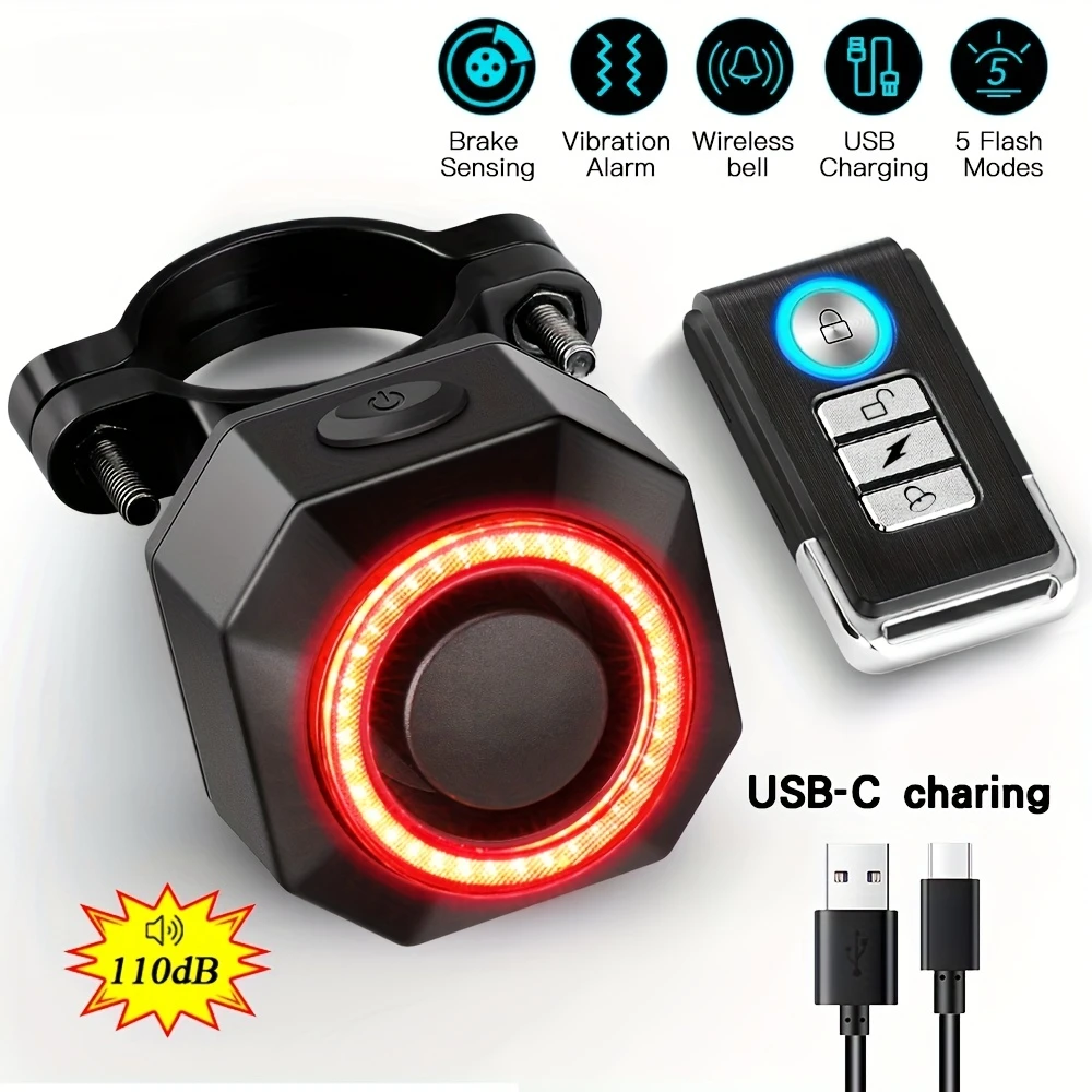 

Smart Bike Tail Light Alarm Bike Brake Light Auto ON/Off USB C Rechargeable Antitheft Bike Alarm With Remote Alarm