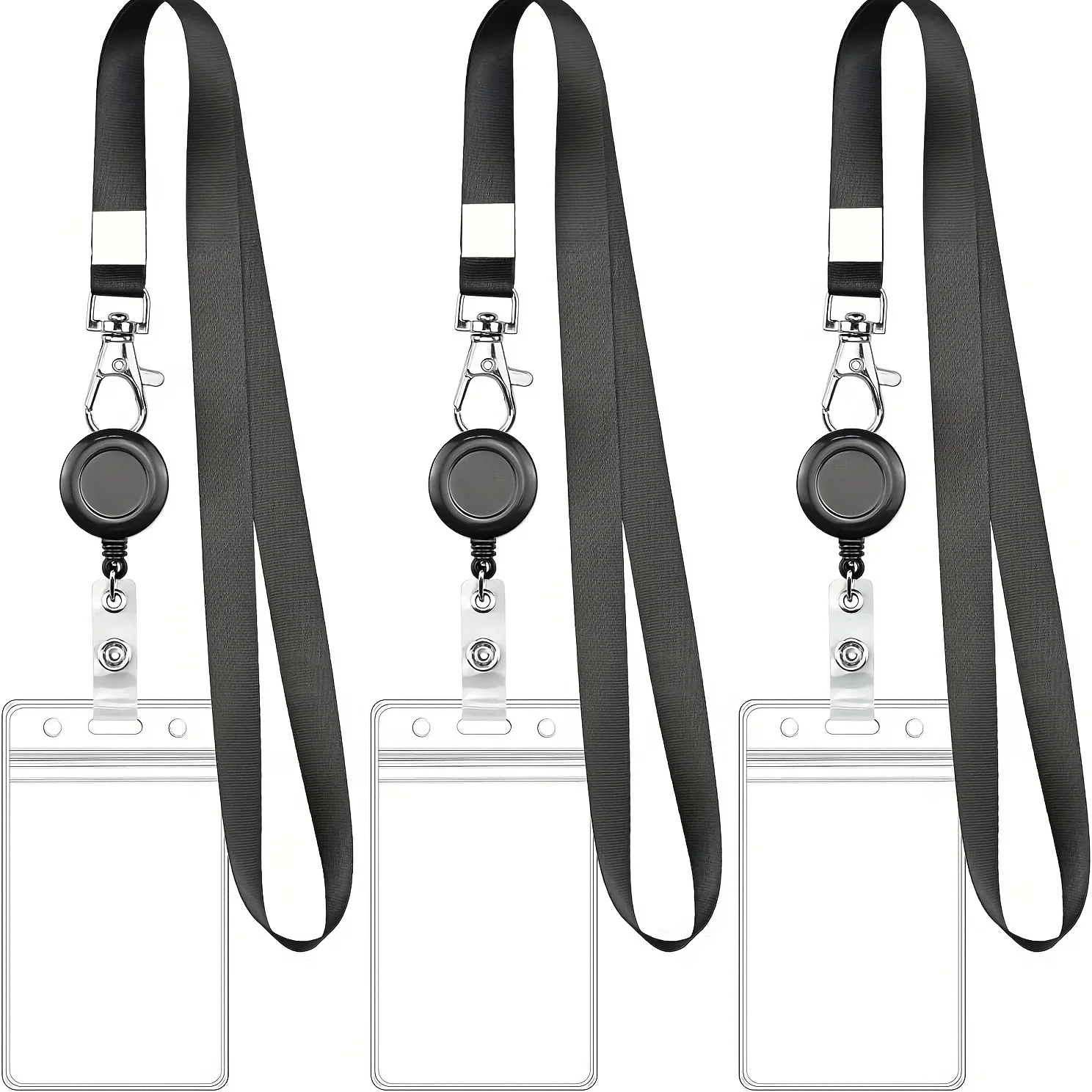 Ensemble de bobines de badges rétractables noires avec fermoir mousqueton et porte-carte en PVC étanche, lanière durable, pour identification de travail et étiquettes nominatives