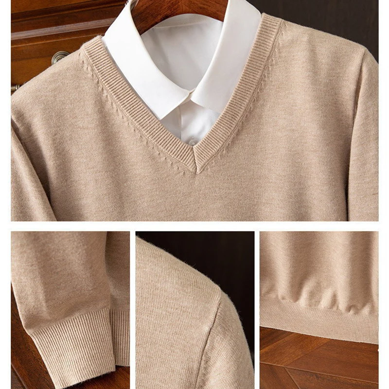 100 Ordos Wool Sweater Men\'s Clothing V-neck Long Sleeved Pullover Cashmere Knitted Bottom Tops Soft Warm