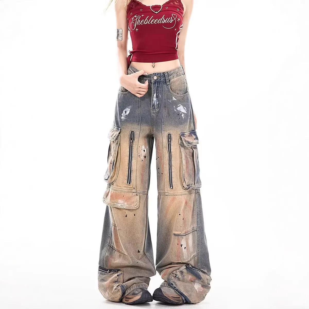 2026 Unisex Multi Pocket Cargo Jeans, Hip Hop High Street Paint Splatter Baggy Wide Leg Denim Pants For Streetwear