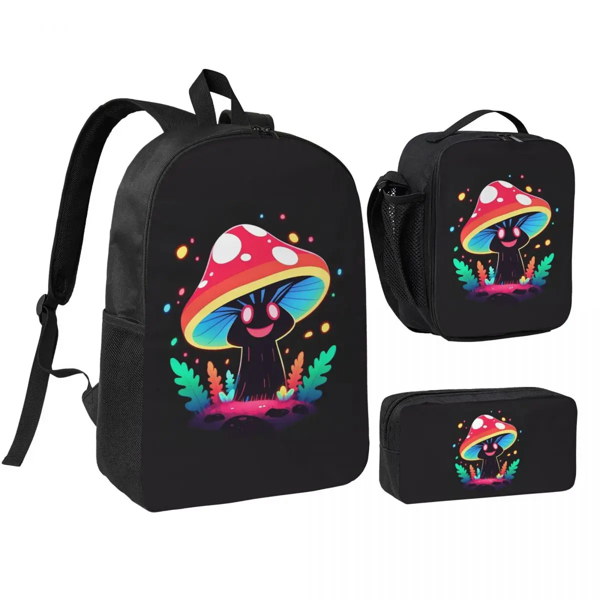 Shroomy Happy Spirit Trippy Mushroom Backpack Boys Girls BookBag School Bag Shoulder Bags 3ps Insulated Lunch Bag Pencil Case