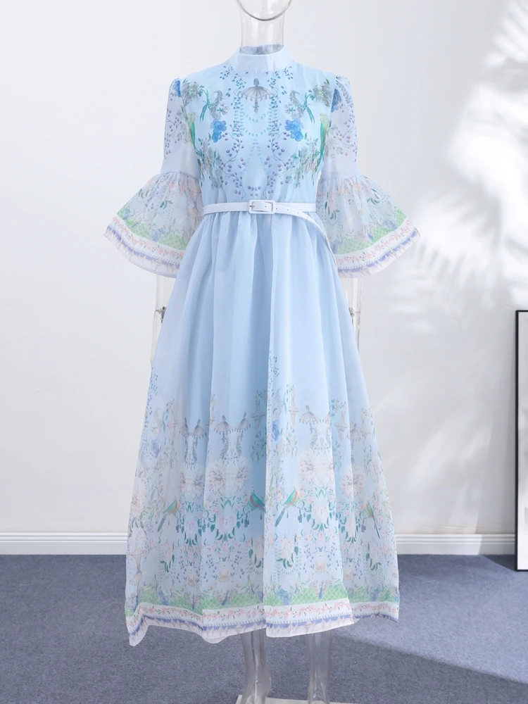 grown ladies dress Elegant Printed Belted Maxi Dresses Women Slim Puff Sleeve Lace-up Stand Collar 2026 New Summer Party Evening lehenga-choli-suits-iran