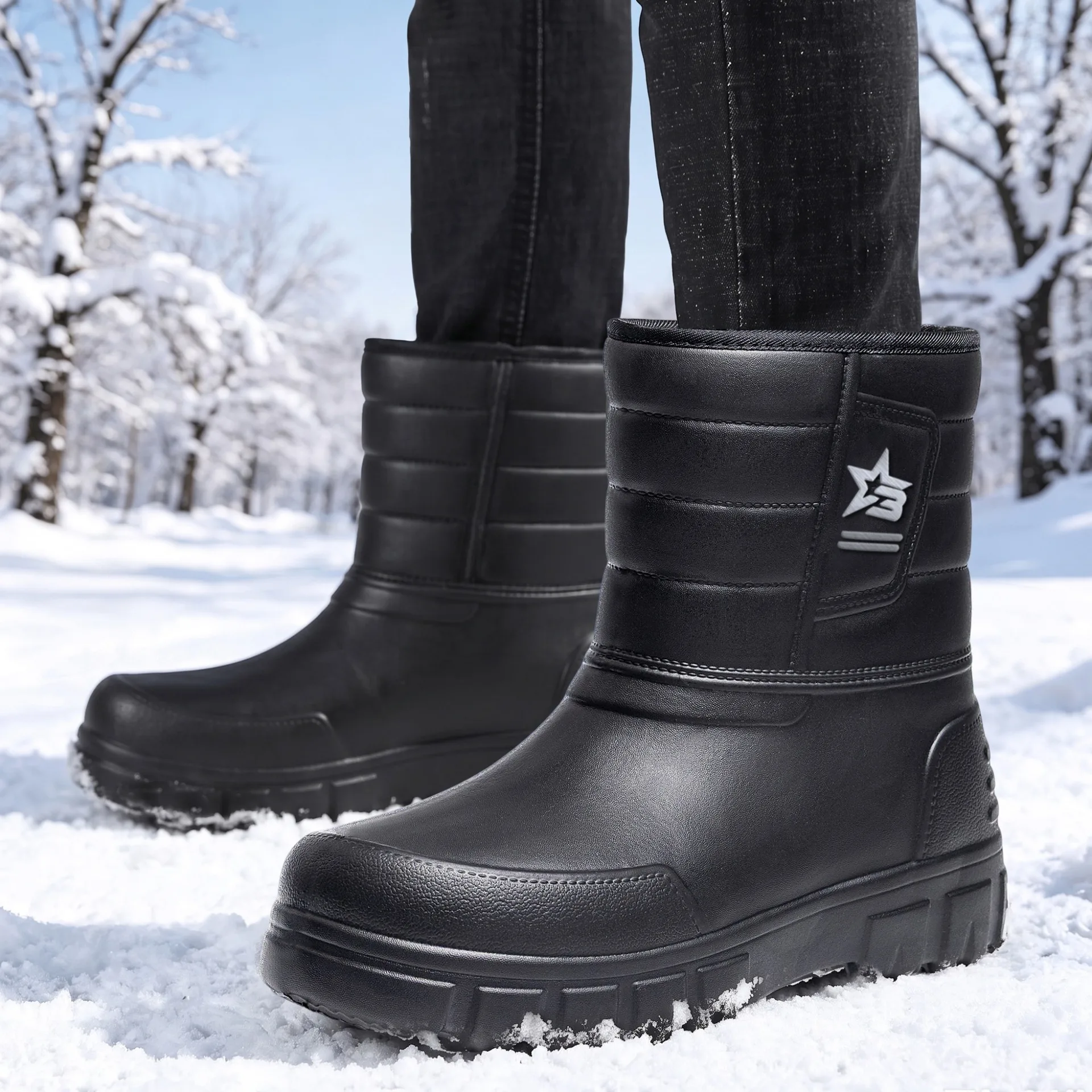 Winter-Herrenschuhe aus Baumwolle mit Fleece, warmem Leder, wasserdichter, dicker Sohle, für Outdoor-Aktivitäten, Angeln, Freizeit, vielseitig einsetzbar, schwarz. – Detail 7