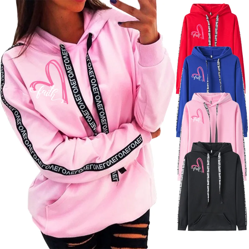 Heart Pattern Print Loose Sport Hooded Pullover Fashion Letter Drawstring Women Casual Long Sleeve Sweatshirt Tops