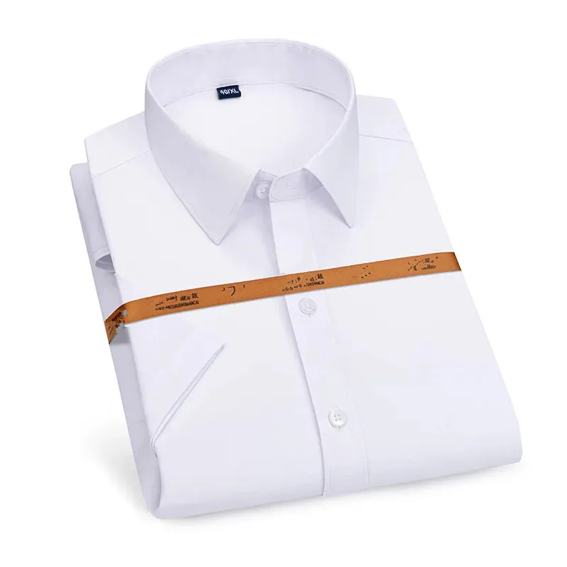 New Stretch Anti-Wrinkle Short-sleeved Casual Shirt Men\'s Summer Fashion Solid Color Formal Business Dress Shirt White Blue Pink