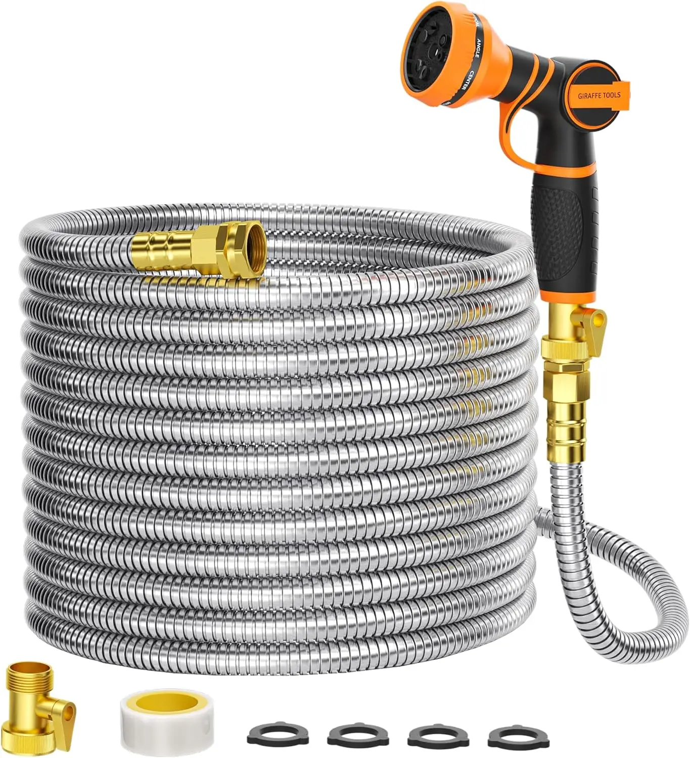 

Giraffe Tools Garden Hose 100ft x 5/8", 304 Stainless Steel Metal Water Hose,No Kink Garden Water Hose w/ 9 Pattern Spray Nozzle