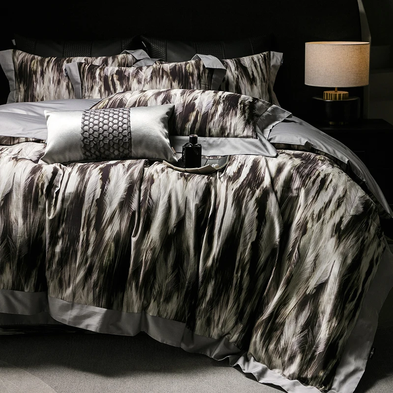 Fashion Feather Leopard Print 1000TC Egyptian Cotton Luxury Bedding Set 200x230cm/220x240cm Duvet Cover Set Bed Sheet Pillowcase