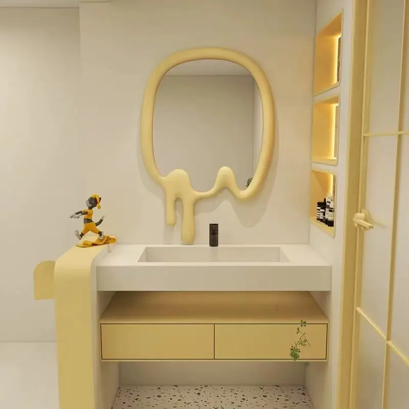 

Современный кремово-желтый комбинированный шкаф для ванной с нерегулярным дизайном, керамическая раковина, индивидуальный умывальник