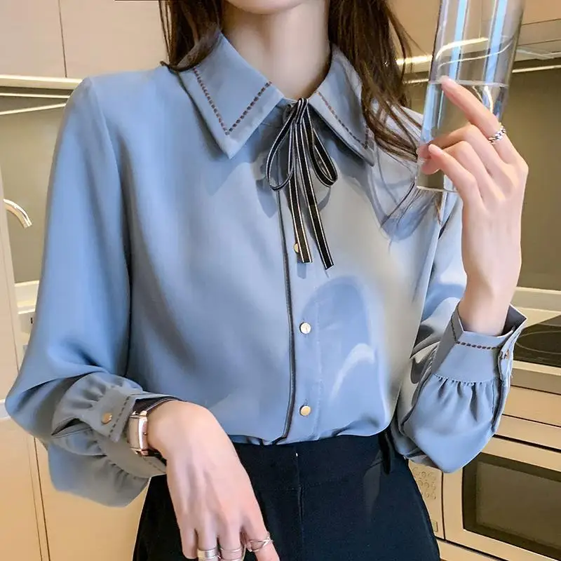 New Chiffon Shirt Top Bow Long Sleeve Bottoming Shirts Elegant Blouse for Women & Office Outfits Blue Women's Blouses Woman Ties