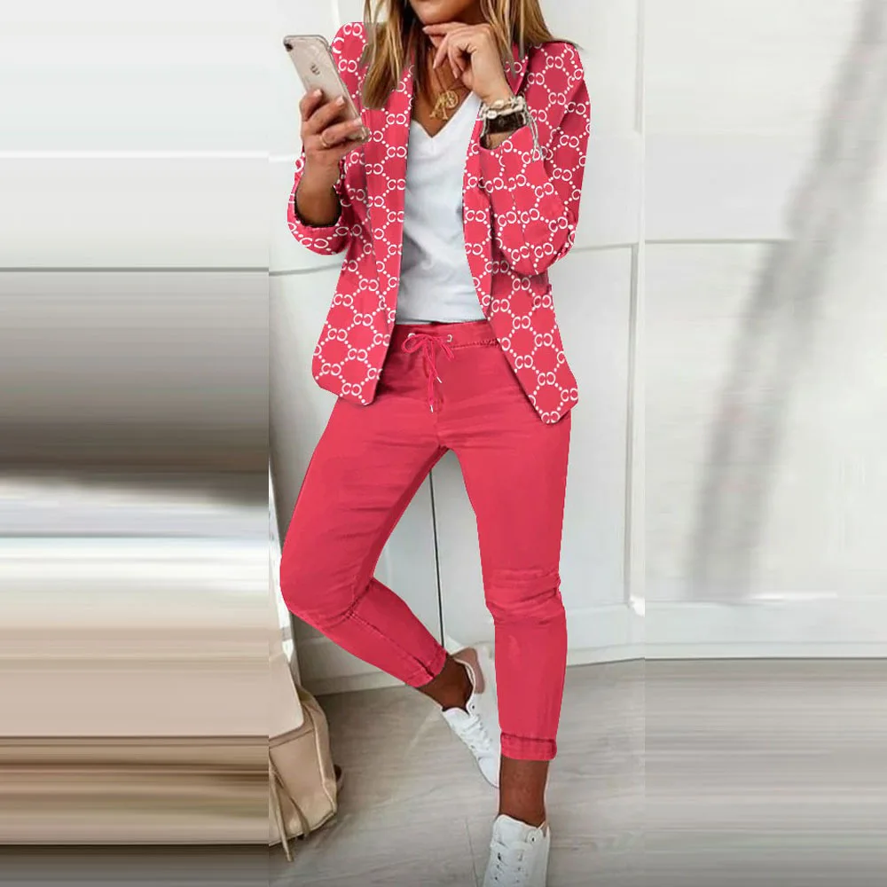 Two Piece Sets Women Pant Set Print Full Sleeve Blazers Coats Open Stitch Slim Fit Solid Long Pants Splice Office Ladies