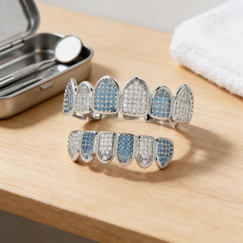 

1Pc Fashion Unique Design Copper Inlaid Blue & White Zircon Hip Hop Teeth Grillz Body Jewelry Cool CZ Tooth Party Essential Gift