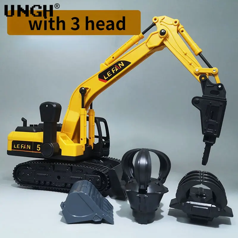 UNGH 1:26 Simulation Diecast Crane Car Model with 3 Head Drill Excavator Inertial Truck Children Kid Boy Engineering Vehicle Toy