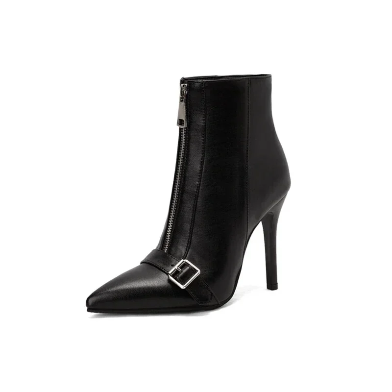 BLXQPYT Pointed Toe Stiletto Ankle Boots Front Zipper Buckle Women High Heel Boots 34-48 2003
