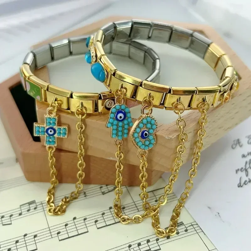 

2025 Heart Devil Eyes Blue Green Chain Italian Charms Link Fit 9mm Width Bracelet Modular Stainless Steel Women DIY Gift Jewelry