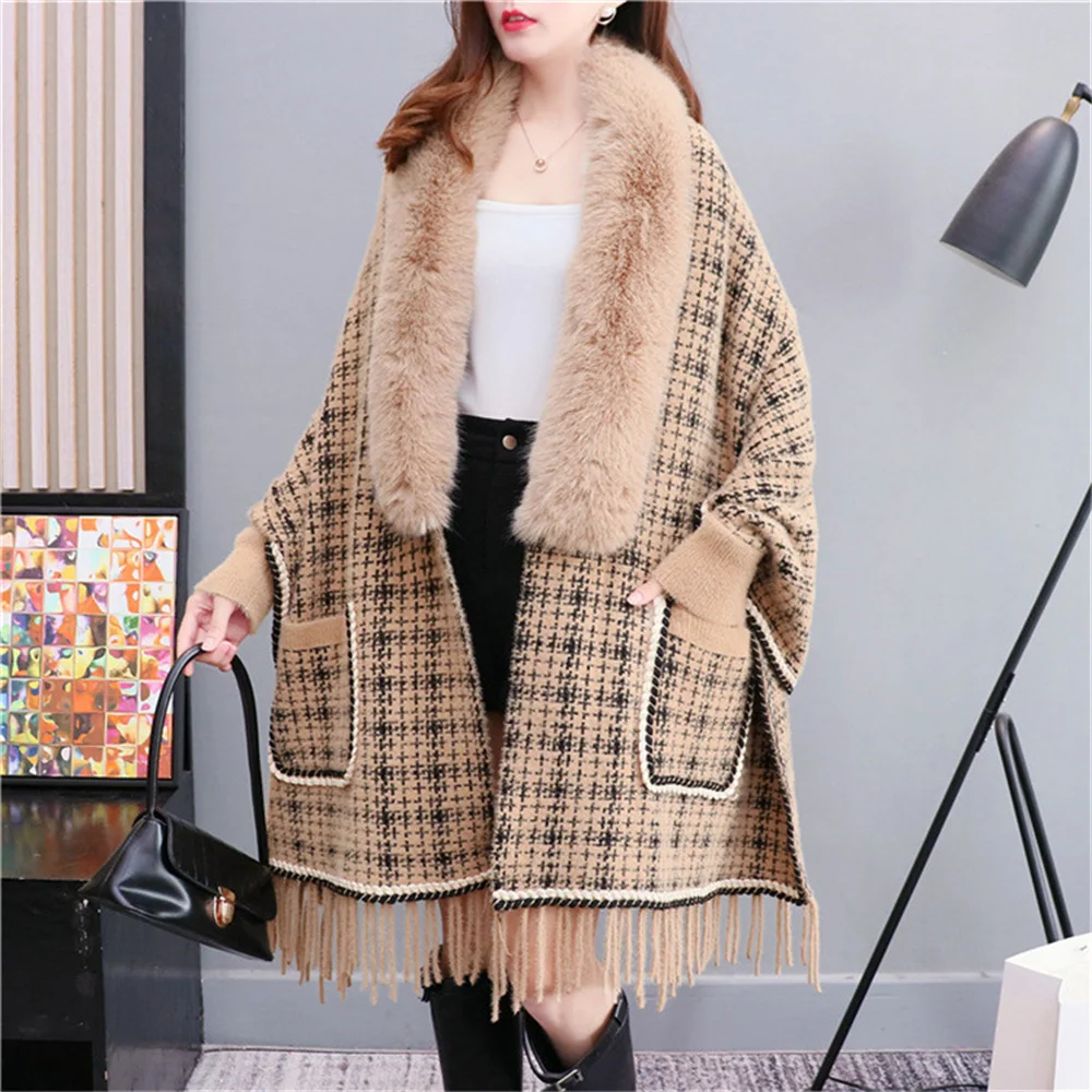 Manteau cardigan en fausse fourrure de vison avec poche pour femme, manches chauve-souris, rayé Everak, poncho chaud, velours, noir et blanc, Cinly