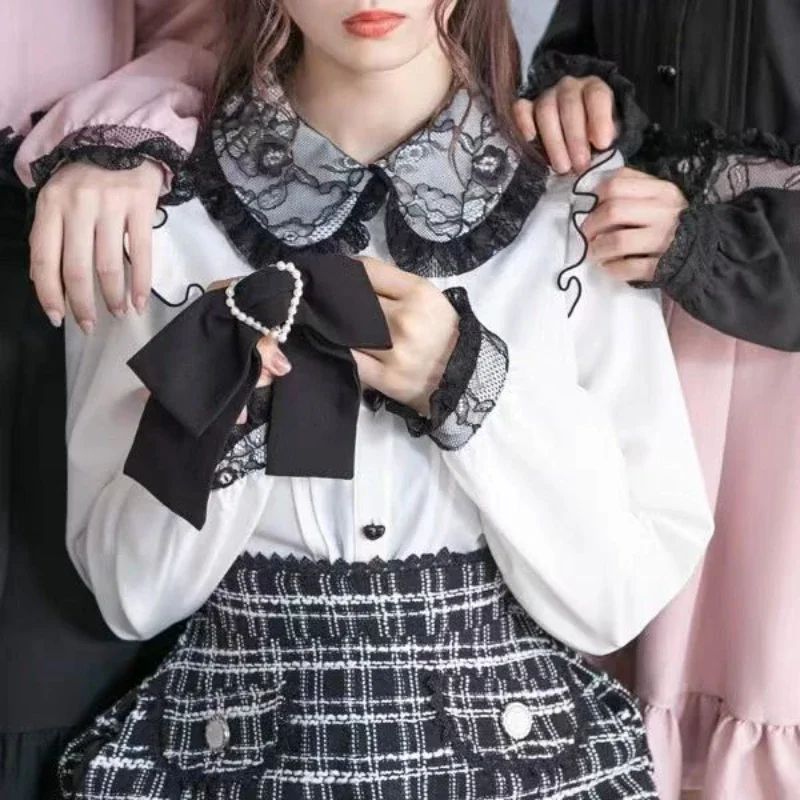 Camisa Lolita de manga comprida feminina, patchwork de renda, blusa de todas as partidas, arco JK, tops fofos e doces, camisa japonesa da menina kawaii, estética, outono