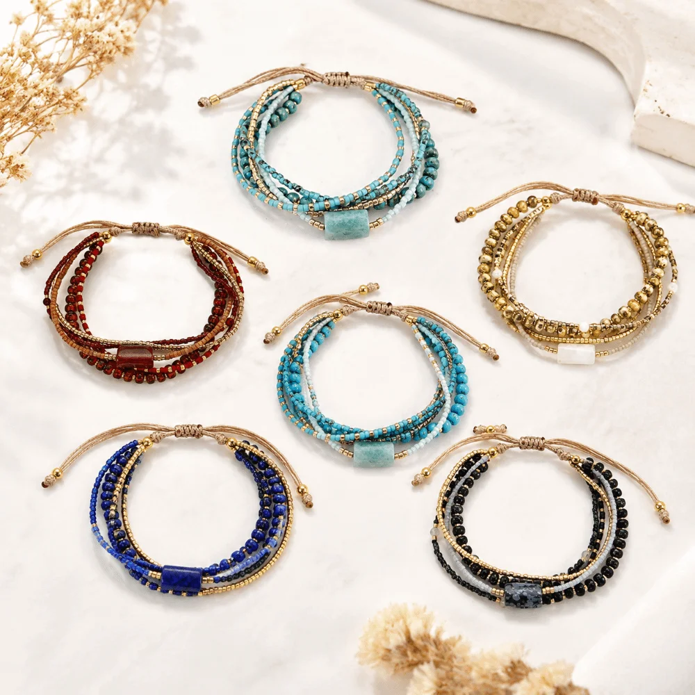 Turquoise Beads Stackable Beaded Bracelets Multi-Layer Design Wrap Closure Beaded Wrap Bracelet Stackable Style