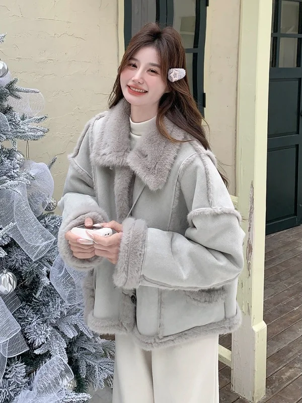 ey Blue Lamb Fur Jaet Women's Winter New Lazy Sle Suede Cotton Coat ort Length Inteated Leather And Fur Coat