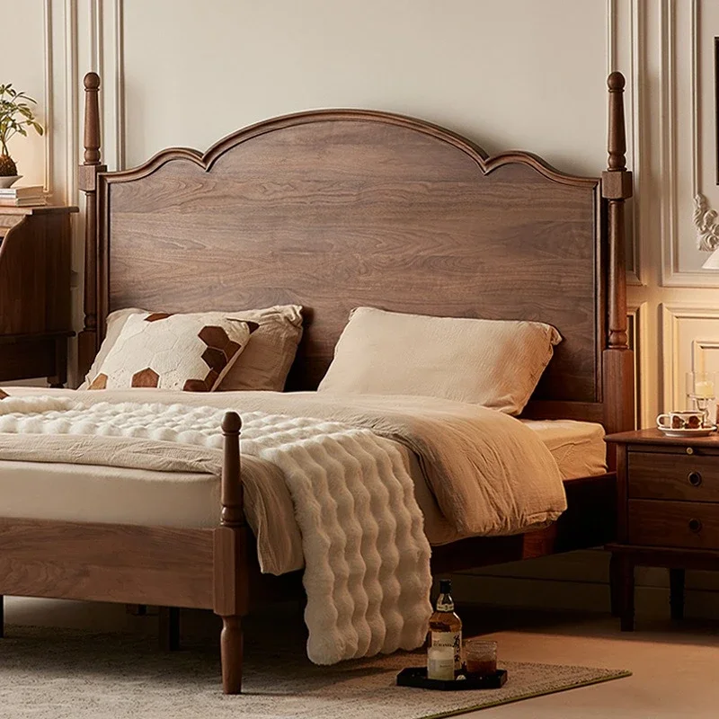 French retro black walnut bed 1.8 meters master bedroom American double solid wood bed 1.5 medium antique high backrest log