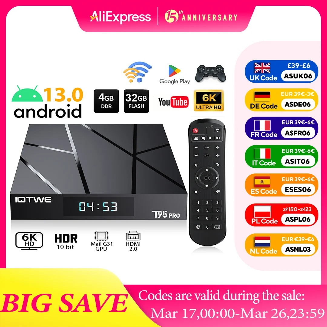 T95Pro Android 13.0 6K TV Box 4+ 32GB Quad Core HD Bluetooth Media Player WIFI6  HDMI