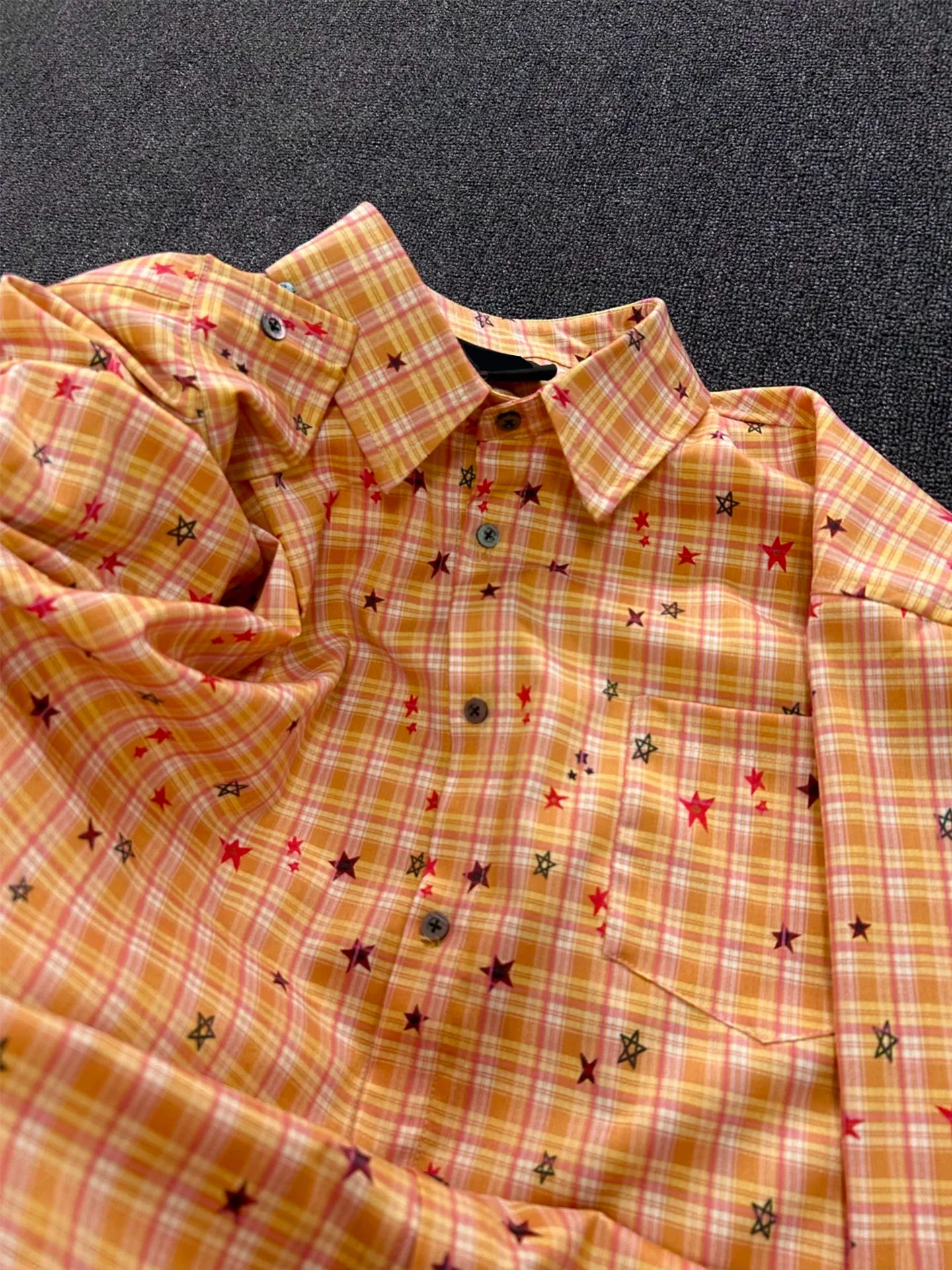 

Orange Plaid Sun Protection irt Men's Spring Summer Thin Loose Lazy Sle Star Print Design Sense irt Coat Casual Sle