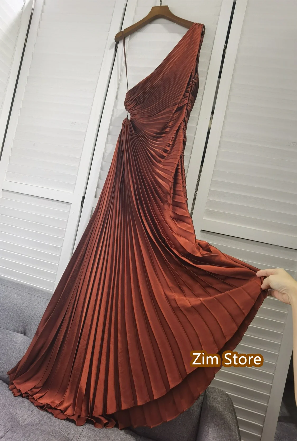 With Label ALC** Summer/Autumn Women Dress Polyester Asymmetry One-Shoulder Brown Hole Ankle-Length Vintage High Waist