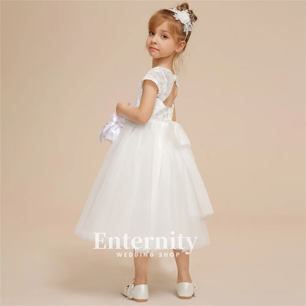 Customized Flower Girl Dress A Line Scoop Neck Girls Elegant Dress Tea-Length Lace Tulle Bow Wedding Dresses Vestidos Para Niñas