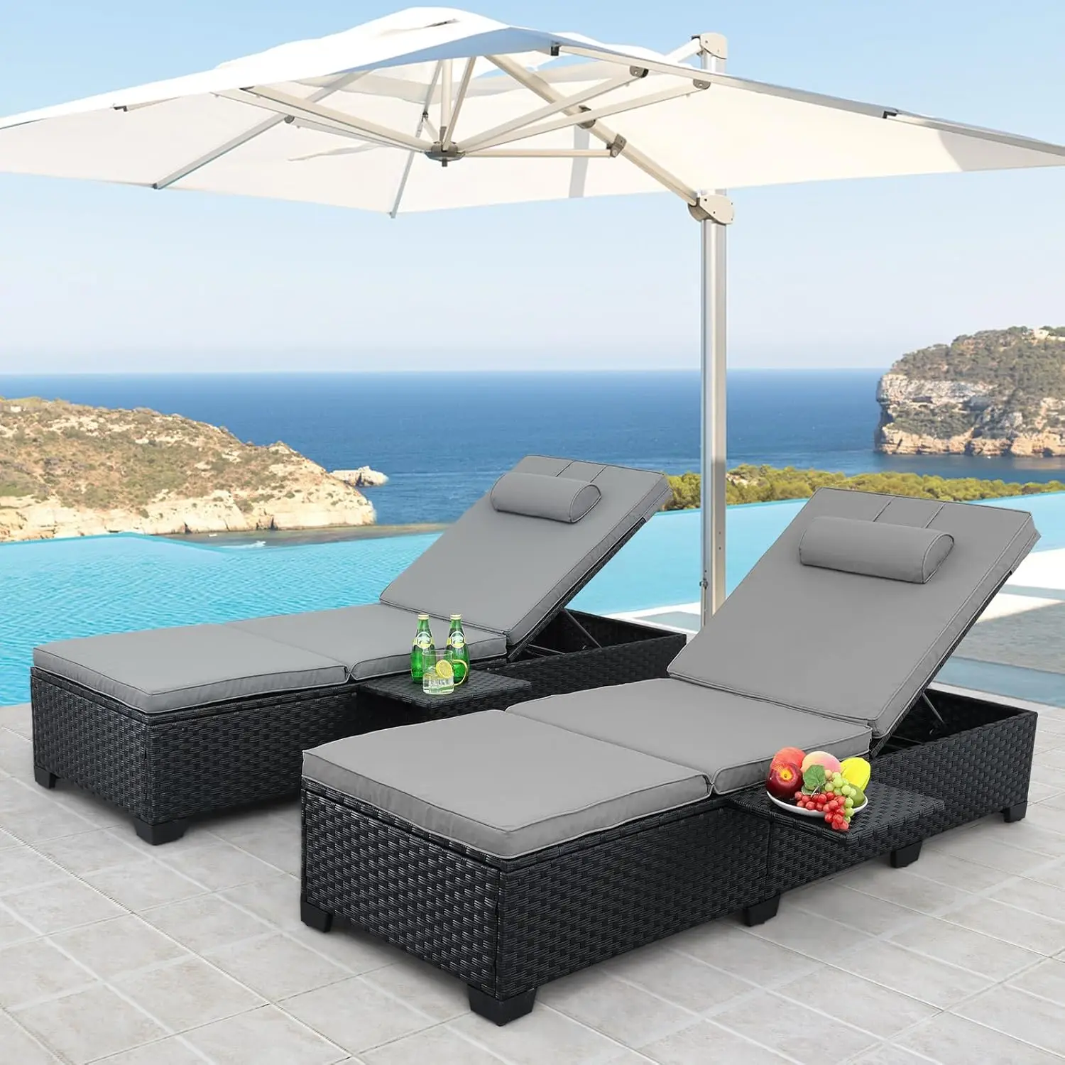 Waroom Outdoor Chaise Lounge Stoelen Voor Buiten Terrasmeubilair Set Van 2 Zwarte Rotan Zwembad Ligstoel Verstelbare Rugleuning