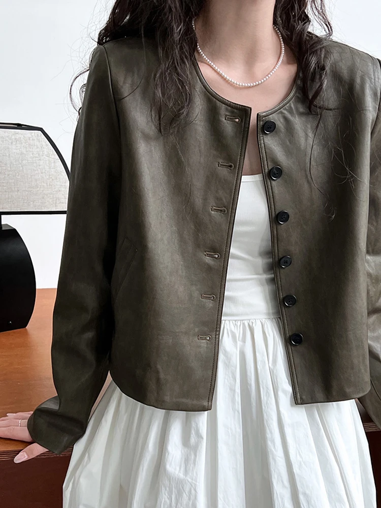 YERMORA Women Green PU Leather Button Vintage Short Jacket O-neck Long Sleeve Loose New Coat Fashion Tide Spring Autumn 2025