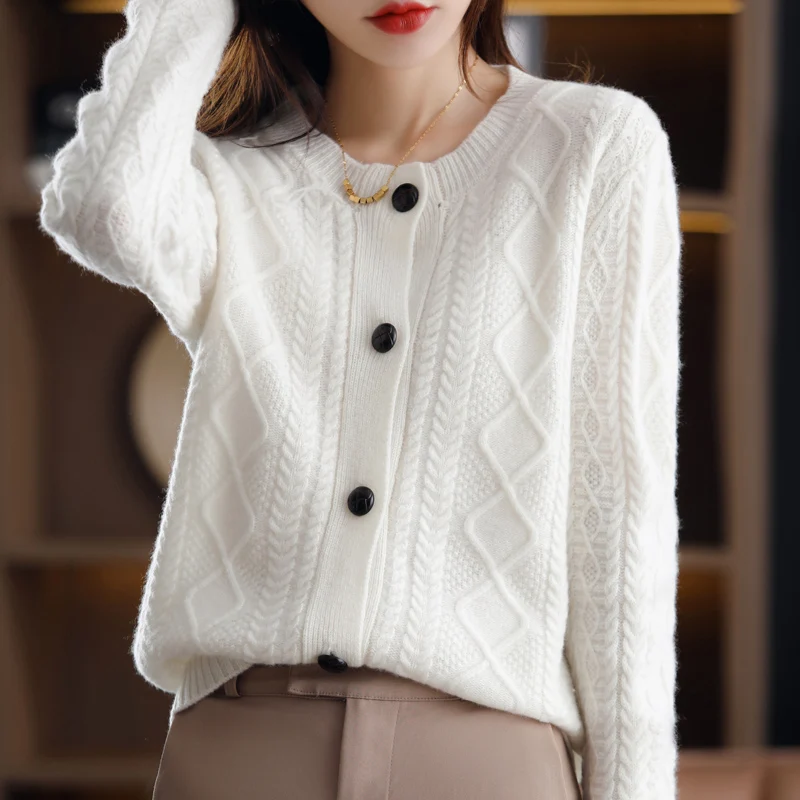 Ladies 100%Cashmere Cardigan O-Neck New Large Size Coat Knit Twist Base Shirts 2022 Spring Wild Thick Wool Sweater Women Jacket