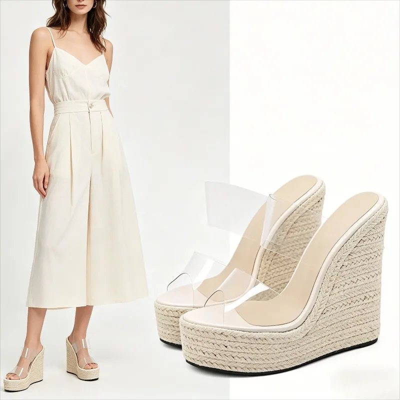 

2026 New Summer PVC Transparent Peep Toe Cane Straw Weave Slippers Platform Wedges Sandals Women Fashion High Heels Female Shoes