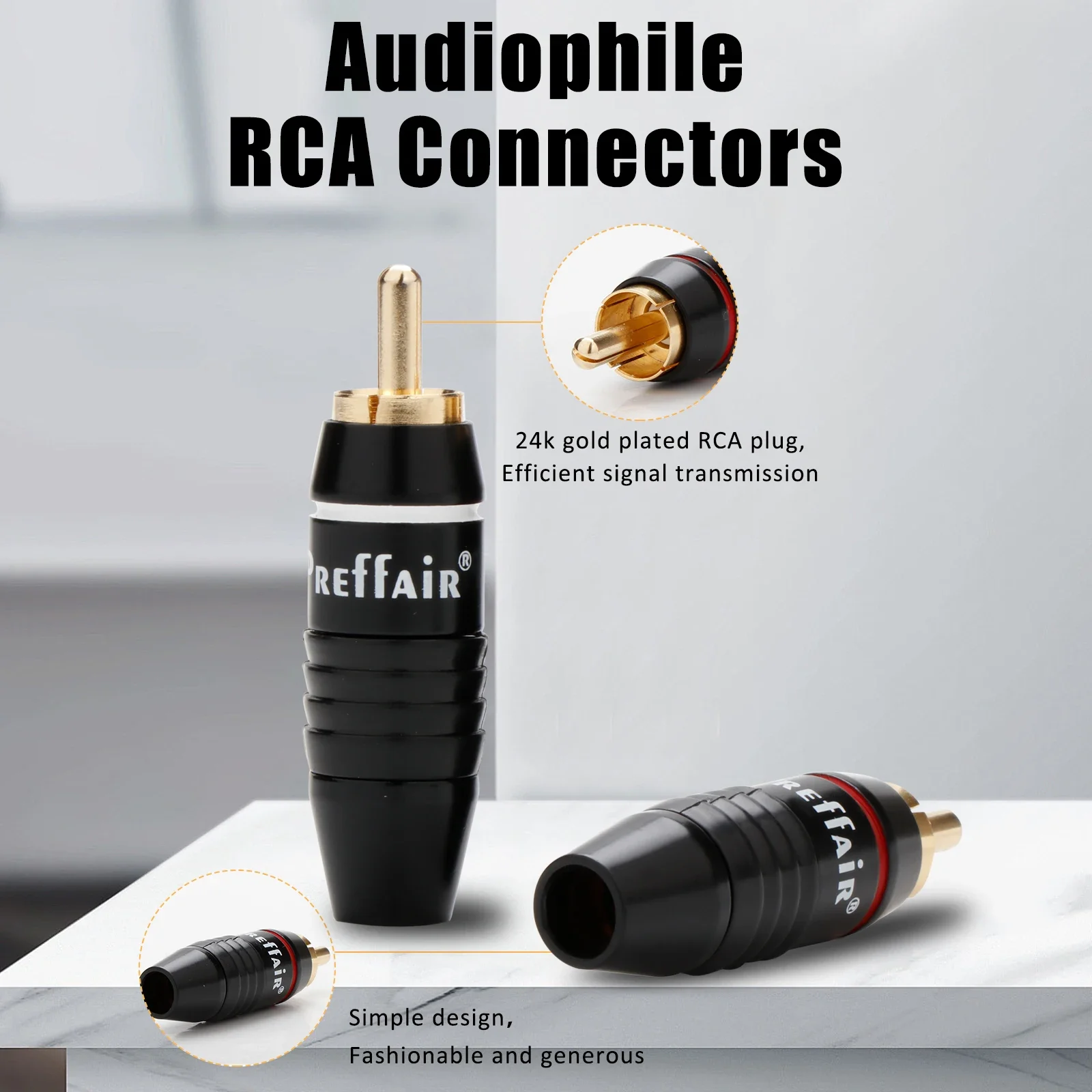 

Preffair 4pcs 24K Gold Plated Brass RCA Connectors - 6mm Wire Compatibility, Solder Termination, Color-Coded (Red & White)