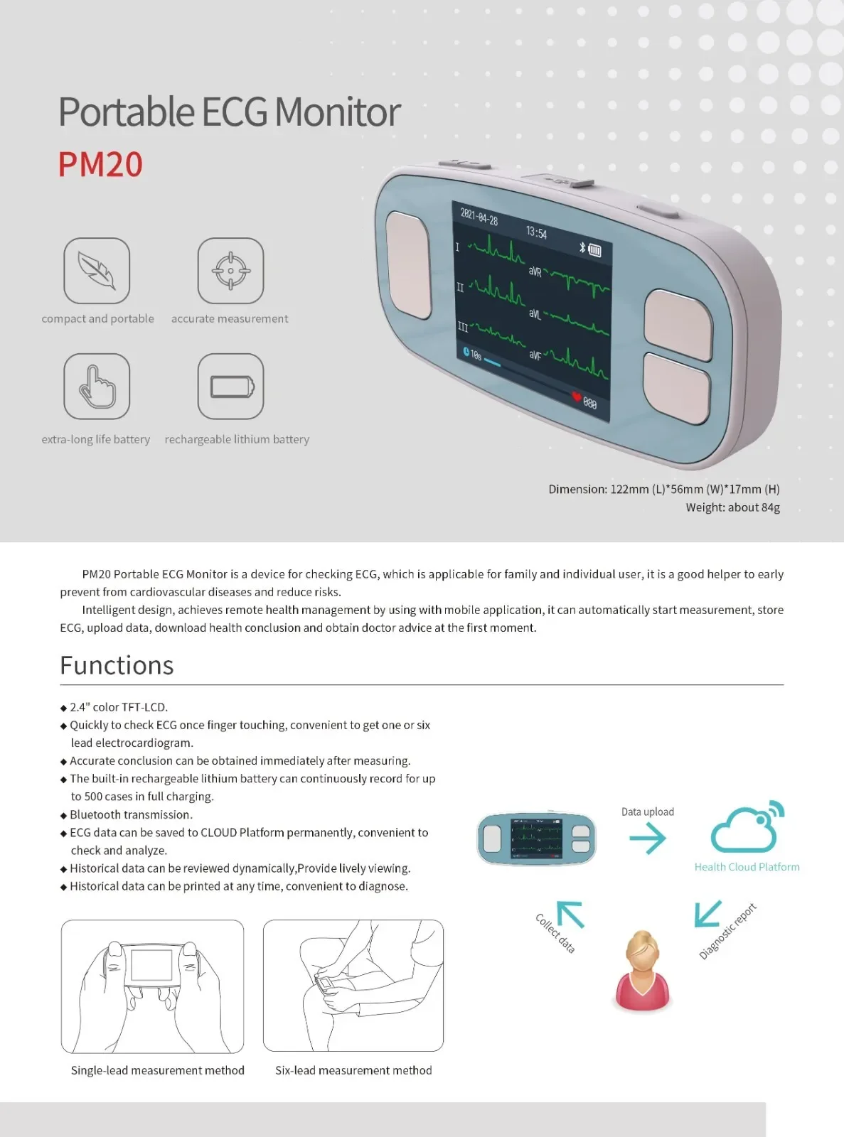 Contec PM20 Digital Portable ECG Monitor 6 Lead EKG Machine Bluetooth Mobile App