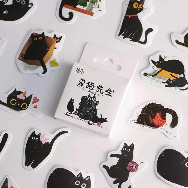 46pcs Cartoon Mr Black Cat Stickers Kawaii DIY Scrapbooking Journal Planner Stickers Korean Stationery Envelopes Sealing Tags