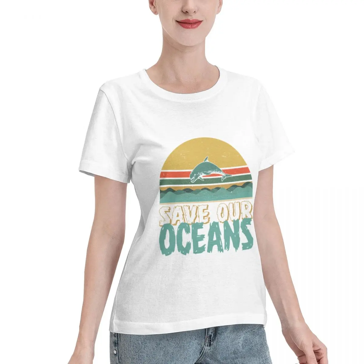 Durable Wear Save Our Oceans Jumping Dolphin Climate Change Women's T-shirt Trendy Casual Solid Color Tee