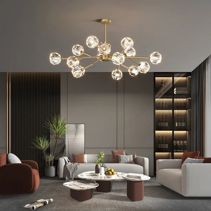 Postmodern Black/gold Long Pole Copper Chandeliers Crystal Ball Hanging Lamp Living Room Restaurant Bedroom Hotel Pendant Light
