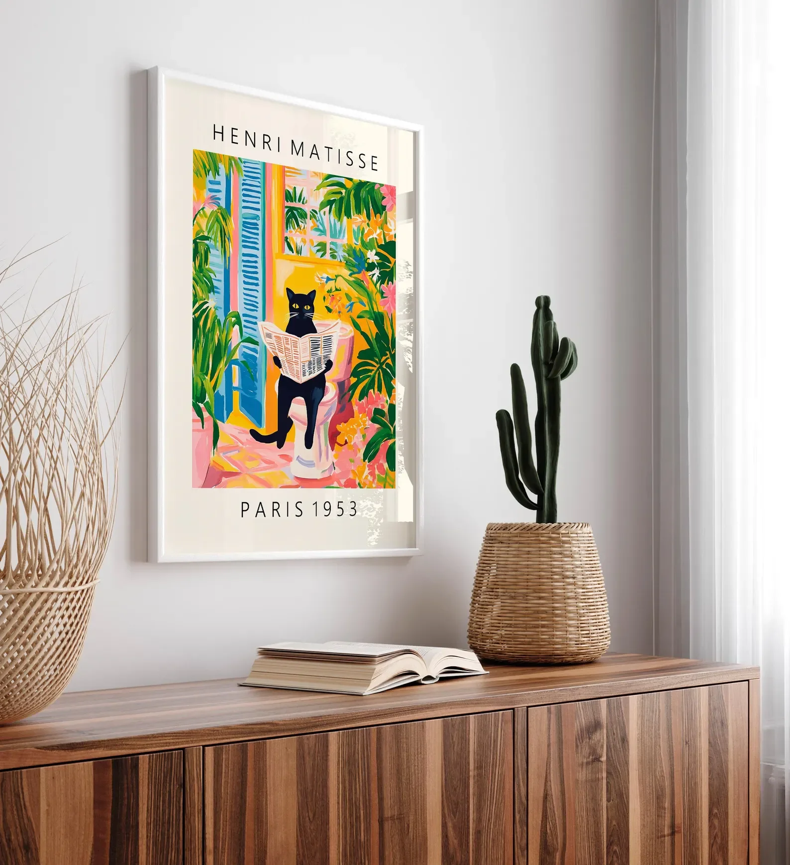 Black Cat on Toilet Bathroom Wall Art Matisse Canvas Poster Funny Aesthetic Bathroom Decor Pink Tropical Decor Frameless view 2