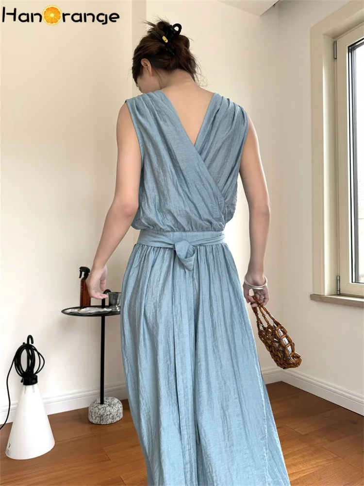 HanOrange 2024 Summer Romantic Waist Fold V-neck Sleeveless Dress Lightweight Cotton Linen Dress Blue/Beige