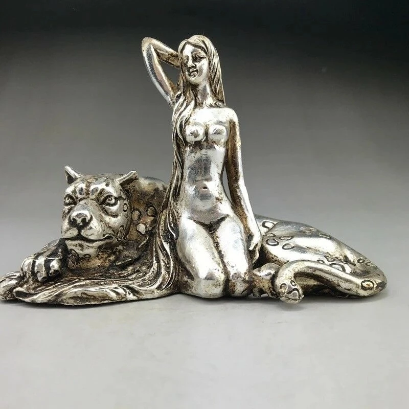 

Exquisite OLD Tibetan Silver Copper Hand-carved beauty woman and leopards Statue