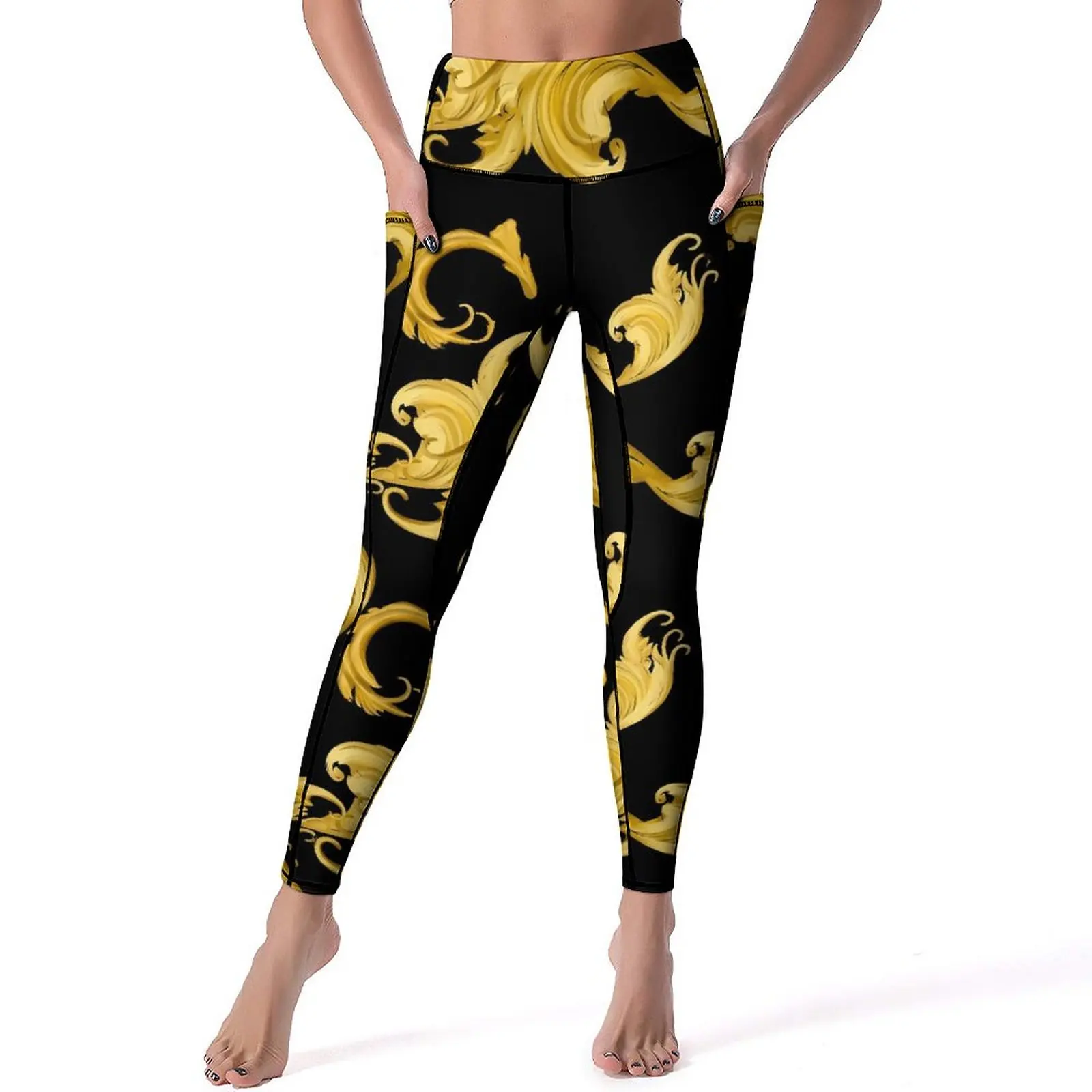 

Baroque Leaf Leggings Gold Floral Fitness Yoga Pants High Waist Breathable Leggins Stretch Graphic Sports Tights Birthday Gift