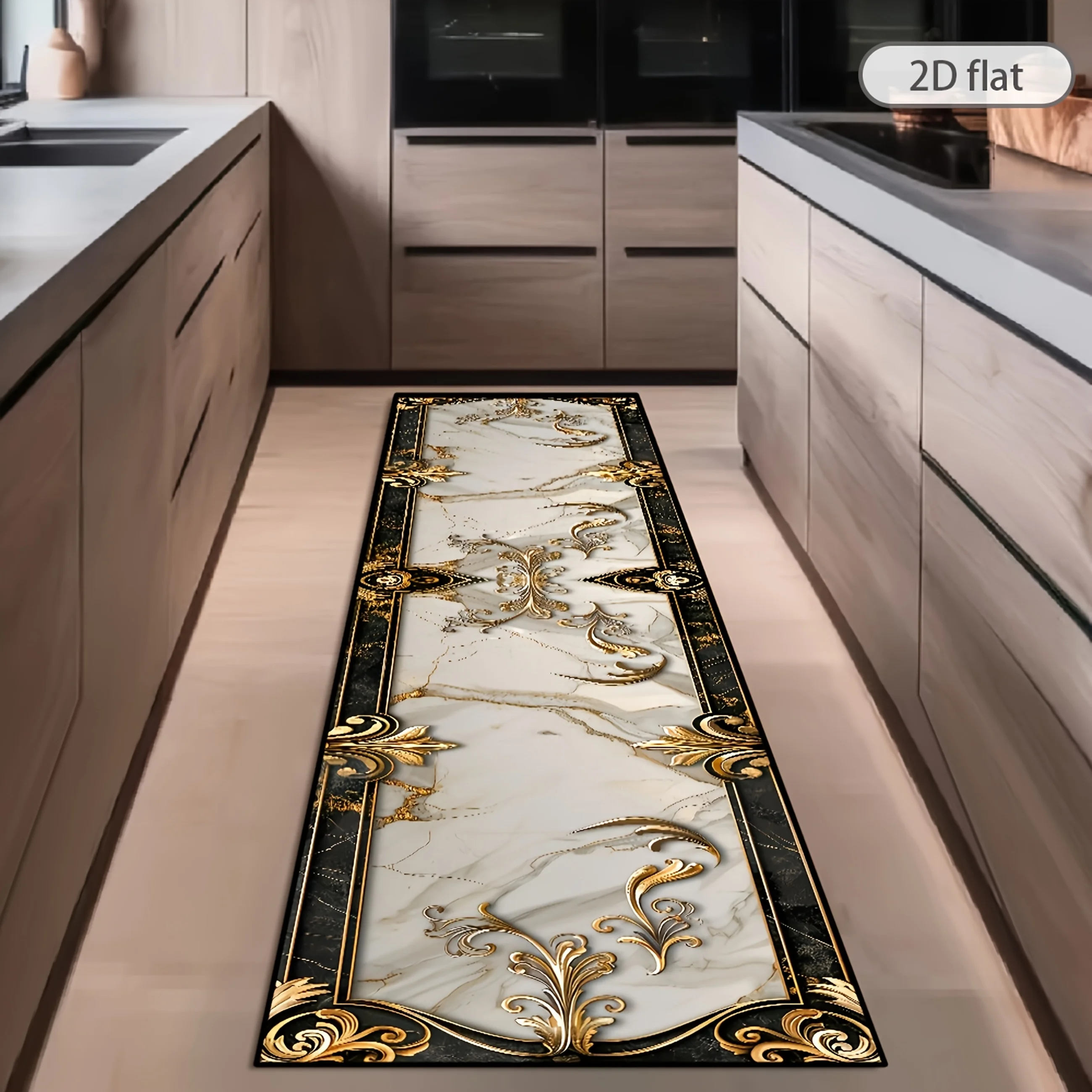 VIKAMA Black Gold Marble Runner Rug Non Slip Kitchen Hallway Wear Resistant Mat