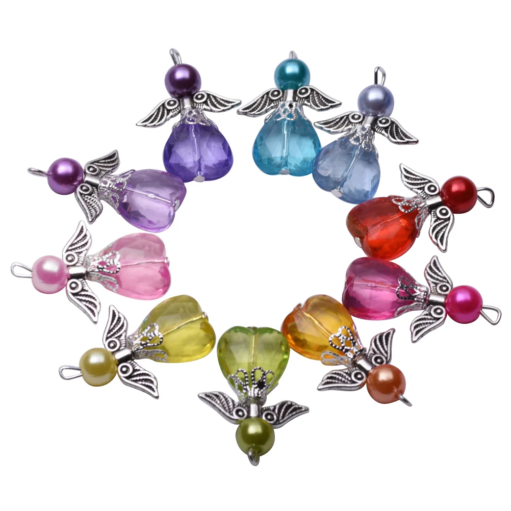 

5pcs Assorted Guardian Angel Pendants Danglers Handmade Carved Acrylic Heart Bead Wings Necklace Crafts (Random Color)