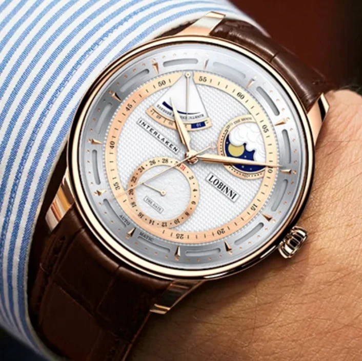 LOBINNI Mens Automatic Watch 41mm Moonphase Mechanical Wristwatch 50M Waterproof Sapphire Power Reserve Indicator