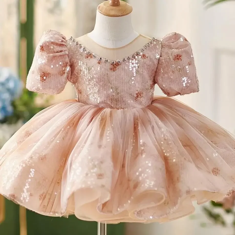 

Children's Boutique Princess Evening Gown Puff Sleeve Sequins Design Wedding Birthday Baptism Party Girls Christmas Dress A3289