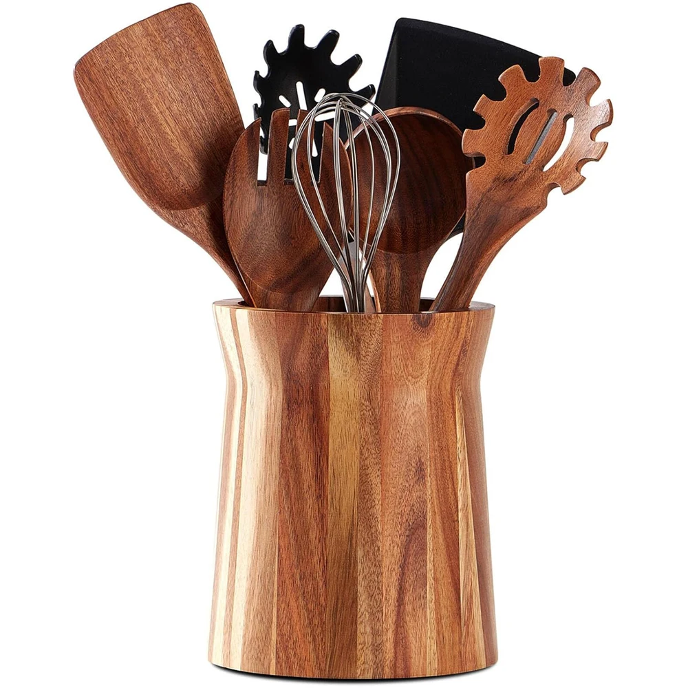 Wooden Utensil Holder for Countertop, 360° Rotating Kitchen Utensil Holder Large Acacia Wood Crock, Farmhouse Kitchen Decor